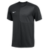 A black short-sleeved Nike performance shirt featuring a white swoosh on the right chest and a textured tonal panel on the left. Made from breathable mesh with a crew neckline.