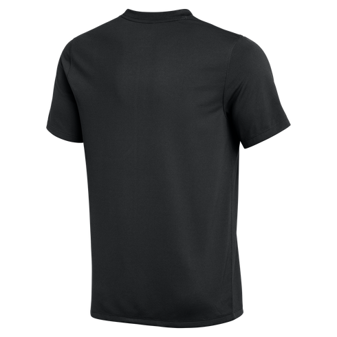 Back view of a plain black short-sleeved t-shirt featuring a ribbed crew neck and a subtle textured fabric.