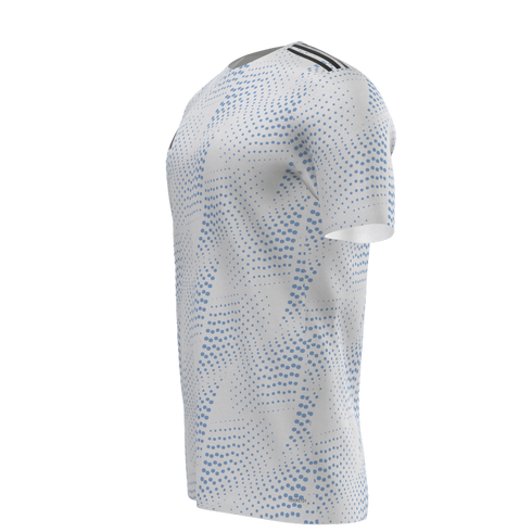 White athletic shirt with light blue dot patterns and three black shoulder stripes, shown in a side 3D profile.