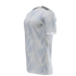 White athletic shirt with light blue dot patterns and three black shoulder stripes, shown in a side 3D profile.