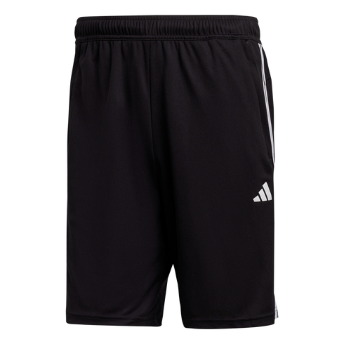 Black Adidas athletic shorts featuring an elastic waistband, white side stripes, and a white Adidas logo on the lower leg.