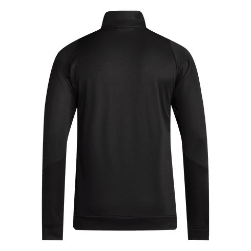 Back view of a black long-sleeved athletic jacket with a mock neck, raglan sleeves, and ribbed cuffs and hem.