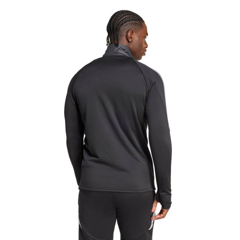 Rear view of a man with braided hair wearing a black athletic track jacket and matching pants against a white background.