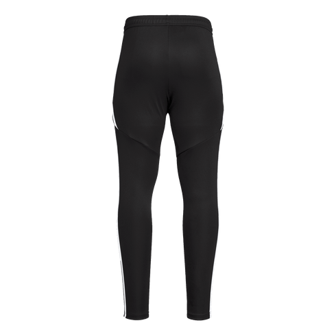 Back view of black athletic track pants with thin white stripes down the sides and a tapered leg.