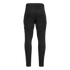 Back view of black athletic track pants with thin white stripes down the sides and a tapered leg.