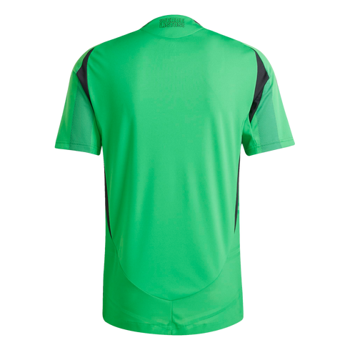 Back of a bright green short-sleeved jersey with black side panels and "¡VERDE LISTOS!" printed on the back neck.