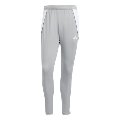 A pair of light gray Adidas training pants with white mesh side panels, lower leg stripes, and a white logo on the upper thigh.