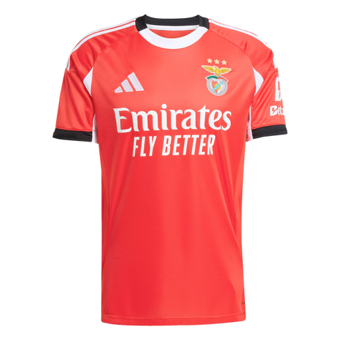 Red SL Benfica home soccer jersey with white Adidas logo, club crest, and "Emirates FLY BETTER" sponsor. White and black trim on the collar and sleeves.