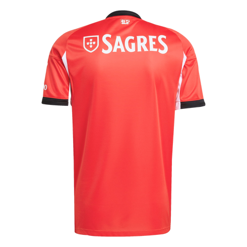 Back of a red SL Benfica soccer jersey with large white "SAGRES" text across the upper back and black and white trim on the collar and sleeves.