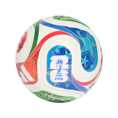 A soccer ball with colorful red, blue, and green graphic patterns, featuring the FIFA World Cup logo and "TRIONDA" text, set against a black background.