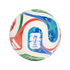 A soccer ball with colorful red, blue, and green graphic patterns, featuring the FIFA World Cup logo and "TRIONDA" text, set against a black background.