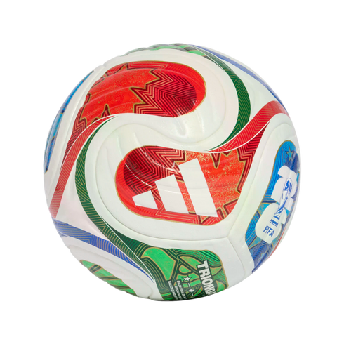 An Adidas TRIONDA soccer ball with vibrant red, green, and blue curved patterns on a white base, featuring the FIFA and Adidas logos.
