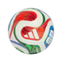 An Adidas TRIONDA soccer ball with vibrant red, green, and blue curved patterns on a white base, featuring the FIFA and Adidas logos.