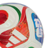 Close-up of a white soccer ball featuring red, green, and blue geometric patterns, a red maple leaf, the white Adidas logo, and a blue FIFA World Cup emblem.