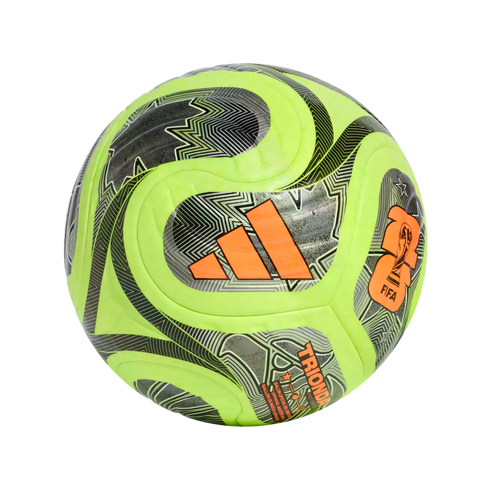 Neon yellow and grey Adidas soccer ball featuring orange logos and a wavy geometric pattern against a black background.