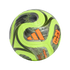Neon yellow and grey Adidas soccer ball featuring orange logos and a wavy geometric pattern against a black background.