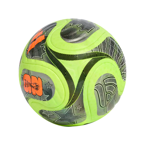 Lime green soccer ball with black and grey geometric patterns and orange FIFA World Cup graphics, set against a black background.