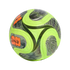 Lime green soccer ball with black and grey geometric patterns and orange FIFA World Cup graphics, set against a black background.