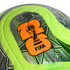 Close-up of a neon green and black soccer ball featuring an orange FIFA World Cup trophy logo and geometric star patterns.