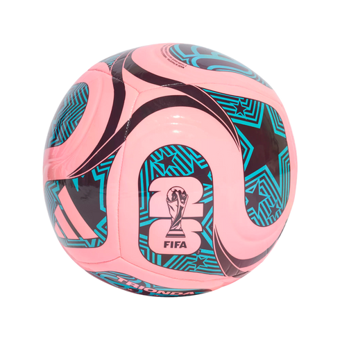 Pink soccer ball with teal and black geometric star patterns, featuring the Adidas three-stripe logo and the official FIFA World Cup 26 logo.