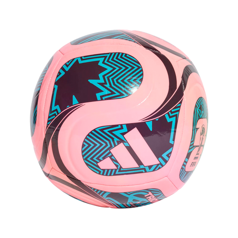 A pink Adidas soccer ball featuring light blue and dark purple geometric patterns and swirls, with the Adidas and FIFA World Cup logos visible.