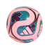 A pink Adidas soccer ball featuring light blue and dark purple geometric patterns and swirls, with the Adidas and FIFA World Cup logos visible.