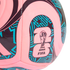 Close-up of a pink soccer ball with teal and black patterns. The center shows the official 2026 FIFA World Cup trophy logo.
