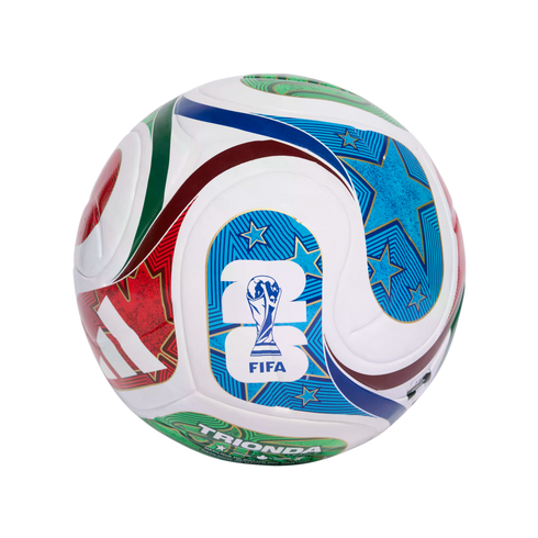A white soccer ball featuring colorful red, green, and blue patterns, stars, the Adidas logo, and the 2026 FIFA World Cup trophy emblem.