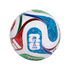 A white soccer ball featuring colorful red, green, and blue patterns, stars, the Adidas logo, and the 2026 FIFA World Cup trophy emblem.