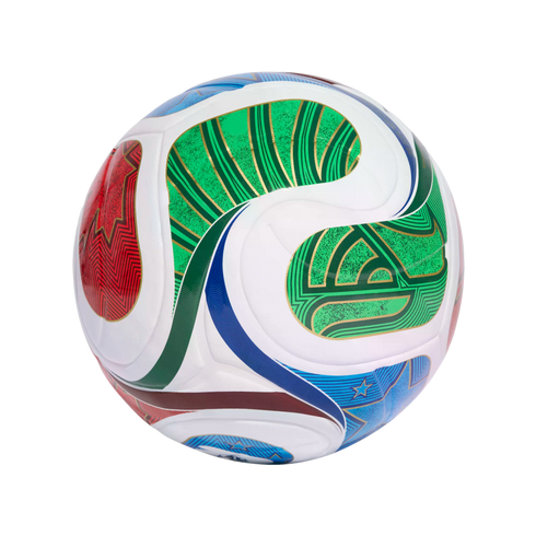 A white soccer ball decorated with vibrant, intricate patterns in green, red, and blue, isolated against a solid black background.