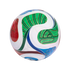 A white soccer ball decorated with vibrant, intricate patterns in green, red, and blue, isolated against a solid black background.