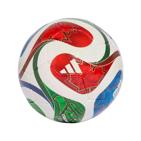Adidas soccer ball with vibrant red, green, and blue geometric patterns on a white base, centered against a black background.