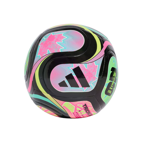 An Adidas Trionda soccer ball featuring vibrant pink, cyan, and neon yellow geometric graphics and maple leaf patterns on a black background.