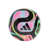 An Adidas Trionda soccer ball featuring vibrant pink, cyan, and neon yellow geometric graphics and maple leaf patterns on a black background.