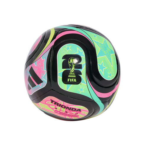 Adidas Trionda Beach Pro soccer ball with black, pink, green, and blue star patterns and the FIFA World Cup logo.