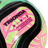 Close-up of a Trionda Beach Pro official match ball featuring neon pink and green patterns on a black surface.