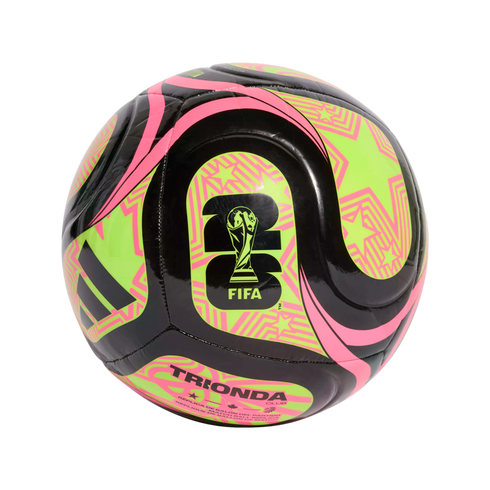 A black soccer ball with neon green and pink geometric patterns, featuring the FIFA 2026 World Cup logo and Adidas branding.