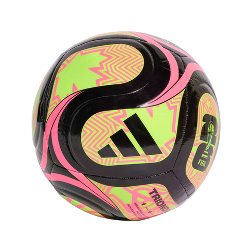 Black Adidas soccer ball with neon green and pink zig-zag patterns and FIFA branding.
