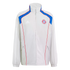 Light gray Adidas FC Bayern Munich track jacket featuring blue and red shoulder accents, the club crest, and white stripes on the sleeves.