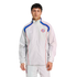 Man wearing a light gray Adidas FC Bayern Munich tracksuit with blue and red accents against a white background.