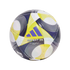 Adidas Conext 24 League soccer ball featuring yellow, purple, and black swirling patterns on a white background, with the brand's logo and FIFA Quality stamp.