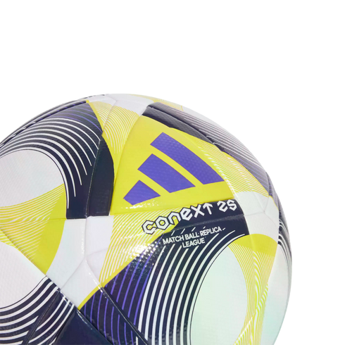 A close-up of an Adidas Conext 24 soccer ball with white, navy, and yellow patterns and a purple logo. Text on the ball reads "CONEXT 24" and "MATCH BALL REPLICA - LEAGUE."