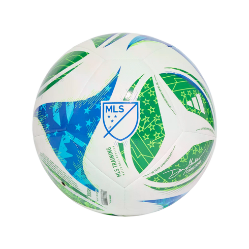 A white MLS training match ball replica featuring green and blue star patterns, the league's shield logo, and text celebrating its 30th anniversary.