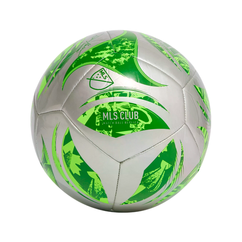 A silver and green Major League Soccer (MLS) club replica soccer ball with a metallic finish and abstract green designs.
