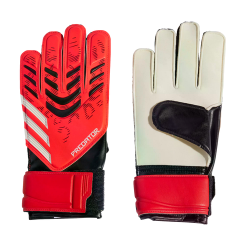 Front and back view of red Adidas Predator goalkeeper gloves. The back has black chevron patterns and white stripes, while the palm is white with a red strap.