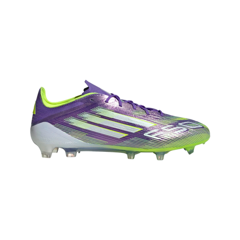 Side view of an iridescent purple and lime green Adidas F50 soccer cleat with white stripes, featuring clear studs on a black background.