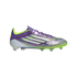 Side view of an iridescent purple and lime green Adidas F50 soccer cleat with white stripes, featuring clear studs on a black background.