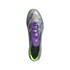 Top-down view of a purple Adidas soccer cleat with neon green accents and purple laces against a solid black background.