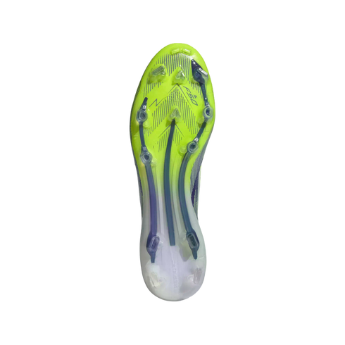 Underside view of a neon yellow soccer cleat featuring clear triangular studs, purple structural supports, and "F50" branding. The heel is translucent white.