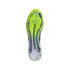 Underside view of a neon yellow soccer cleat featuring clear triangular studs, purple structural supports, and "F50" branding. The heel is translucent white.